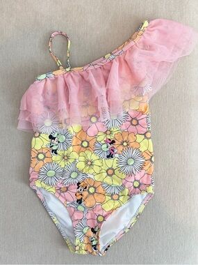 Janie & Jack x Disney Minnie Mouse Pink Floral Ruffle One-Piece Swimsuit - Kids